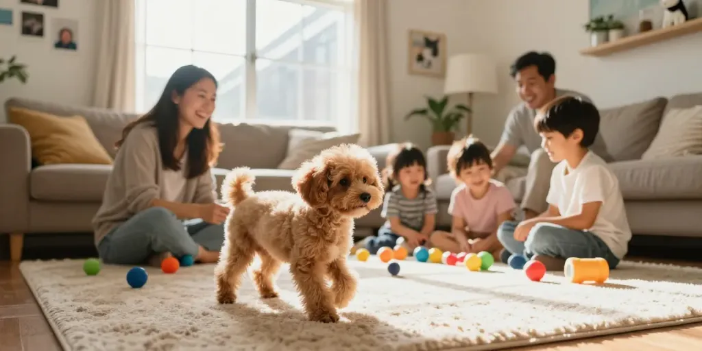 Playful Miniature Cockapoo puppy engaging with children in a cozy living room.