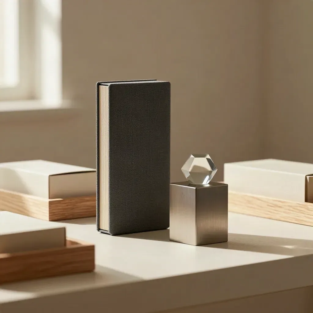 Charcoal pitch-deck case, prototype pedestal, and edited packaging on a warm studio shelf