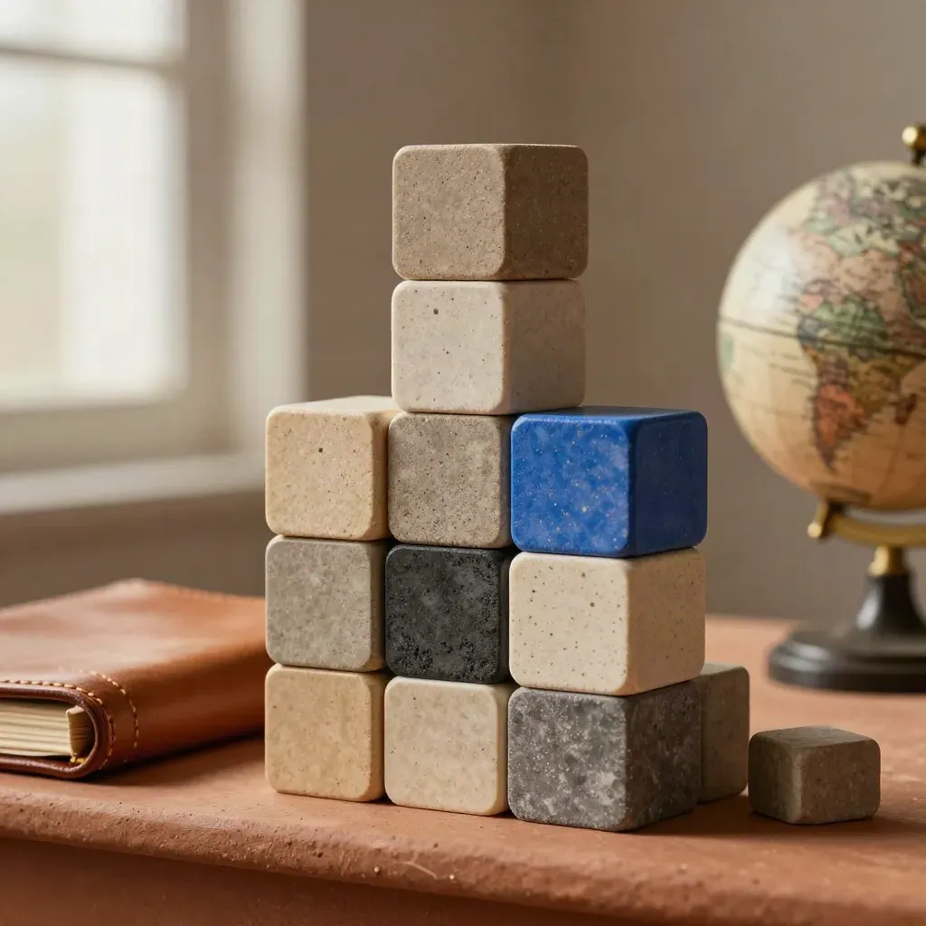 Macro still life of planning blocks, leather folio and ceramic globe on a terracotta shelf.