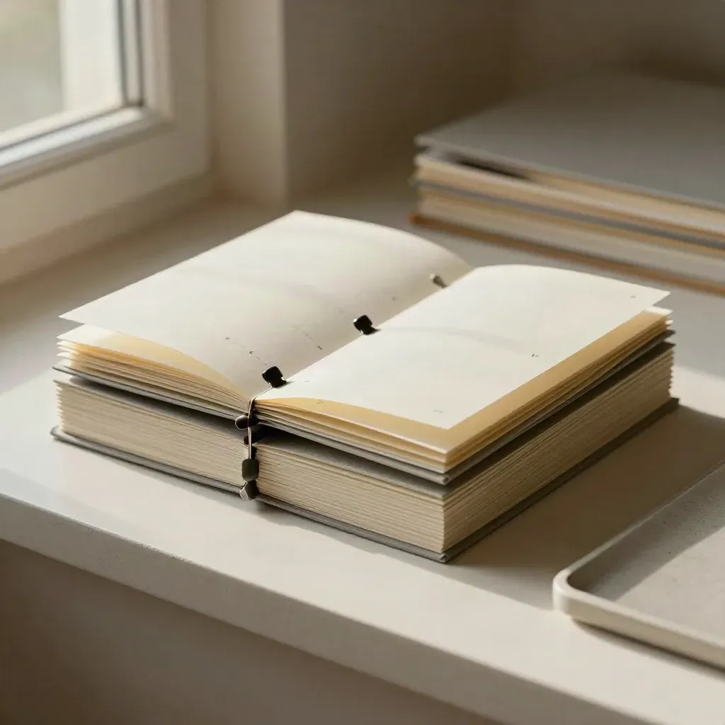 Minimal project planning still life with folders, acetate sheets and dividers on pale plaster.
