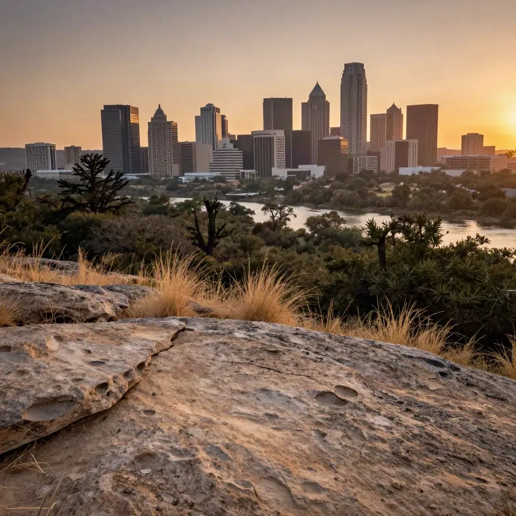 Austin skyline glowing over a limestone overlook and hazy river at sunset